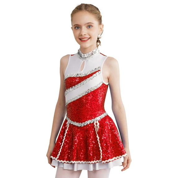 MSemis Girls Cheer Leader Uniform Dance Dress Shiny Sequin Sleeveless Dancewear Red 12