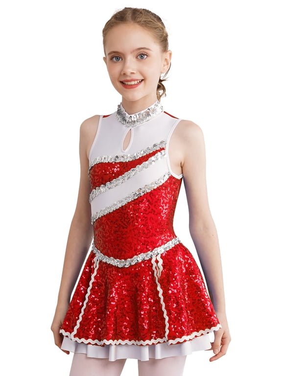 Girls Cheer Leader Uniform Dance Dress Shiny Sequin Sleeveless Dancewear Red 6