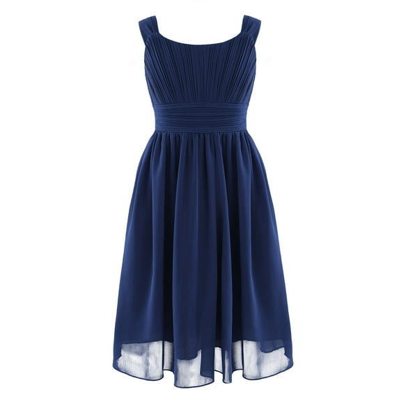MSemis Girls Chiffon Flower Pleated Knee Length A-Line Swing Dress Wedding Party Gown Navy Blue 14