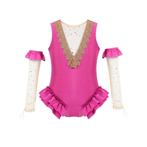 MSemis Girls Circus Show Costume Mesh V-Shape Leotard with Arm Sleeves Outfit Rose Red 4