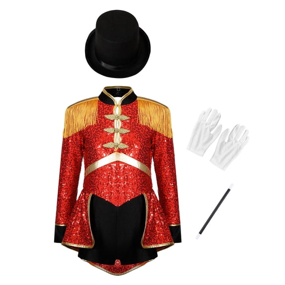 MSemis Girls Jr.Magician Circus Show Sets Long Sleeve Sequins Tuxedo Bodysuits Red 16