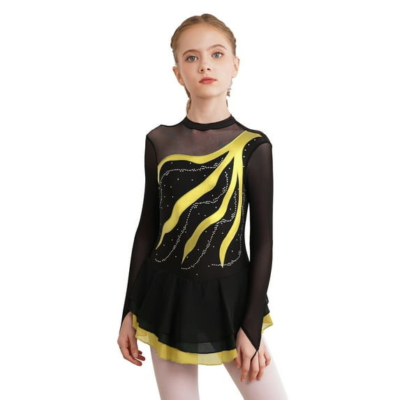 MSemis Girls Kids Rhinestone Long Sleeve Figure Ice Skating Dress Gymnastic Leotard Yellow 6