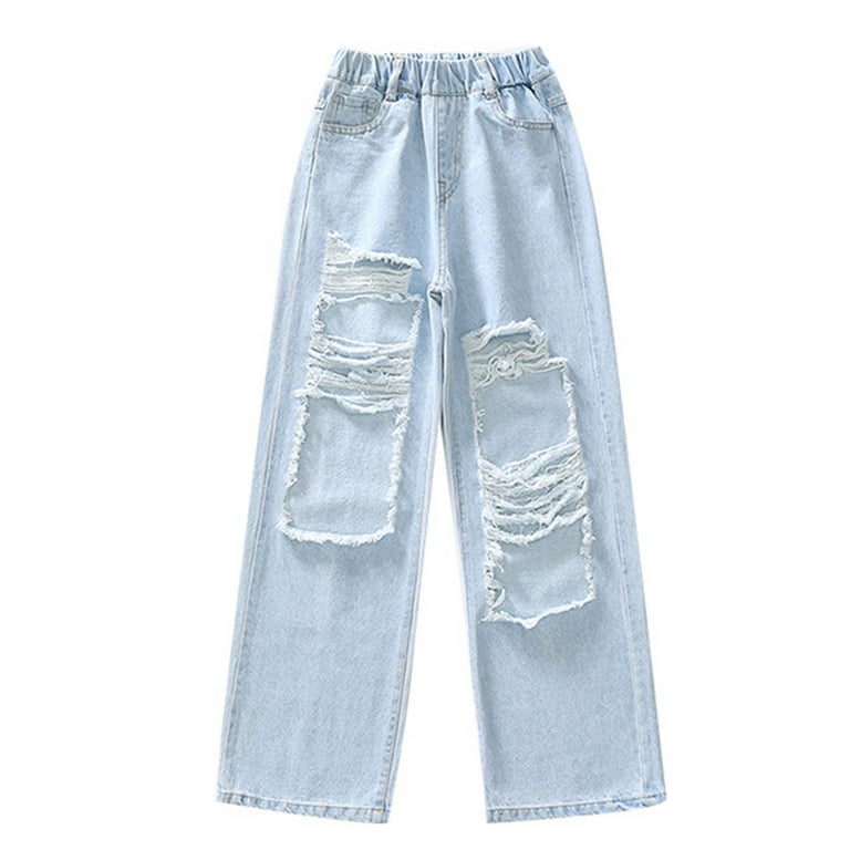 MSemis Girls Kids Ripped Distressed Denim Pants Jeans Kids Wide Leg Casual  Loose Pants,Size 5-14 Blue-B 10-12
