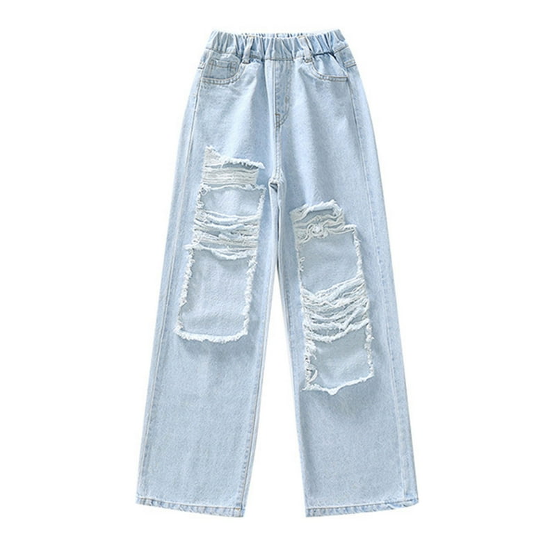 MSemis Girls Kids Ripped Distressed Denim Pants Jeans Kids Wide