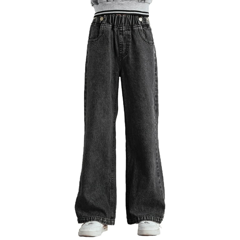 MSemis Girls Kids Ripped Distressed Denim Pants Jeans Kids Wide Leg Casual  Loose Pants,Size 5-14 Charcoal Grey-A 7-8