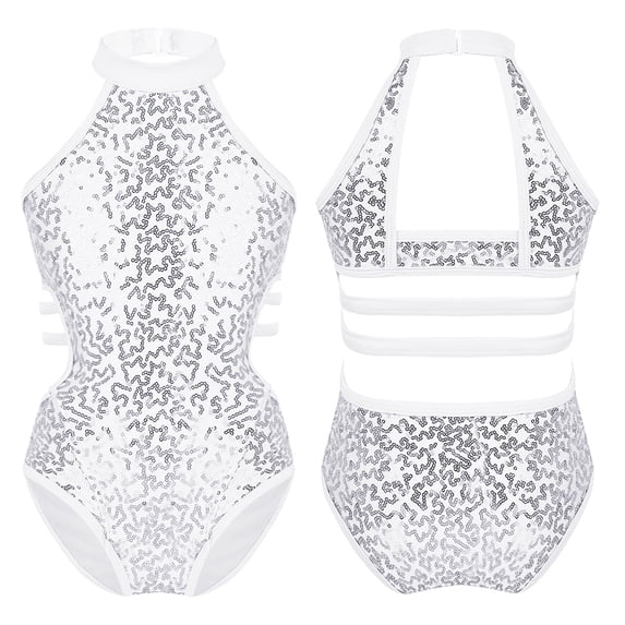 MSemis Girls Kids Sequins High Mock Neck Cutout Back Tank Leotard