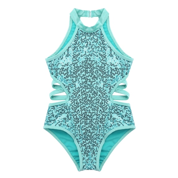 MSemis Girls Kids Sequins High Mock Neck Cutout Back Tank Leotard