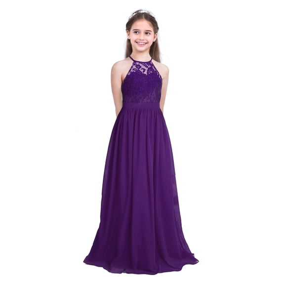 MSemis Girls Lace Chiffon Wedding Bridesmaid Long Maxi Dress,Size 4-16 Deep Purple 12
