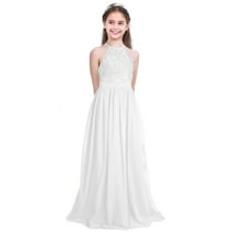 MSemis Girls Lace Chiffon Wedding Bridesmaid Long Maxi Dress,Size 4-16 White 6