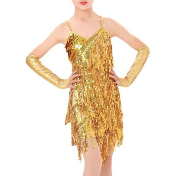 MSemis Girls Latin Dance Dress Sequins Fringe Dress Tassel Dancewear Party Modern Ballroom Cha Cha Gold S
