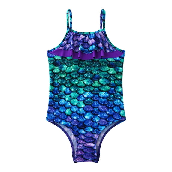 MSemis Girls Mermaid One Piece Swimsuit Kids Ruffle Bathing Suits with UPF 50+, Sizes 4-16 Purple&Green Fish Scales 12