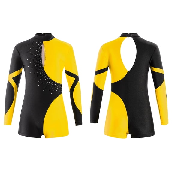MSemis Girls One-Piece Gymnastics Leotard Shiny Long Sleeve Ballet Unitard with Shorts