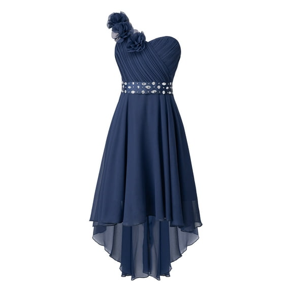 MSemis Girls One Shoulder Chiffon Party Dress Rhinestone Sash Bridesmaid Wedding Party Dresses Prom Gown Navy Blue 10