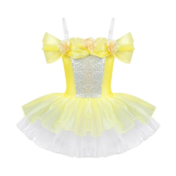 MSemis Girls Princess Off Shoulder 3D Flowers Design Leotard Ballet Tutu Dress