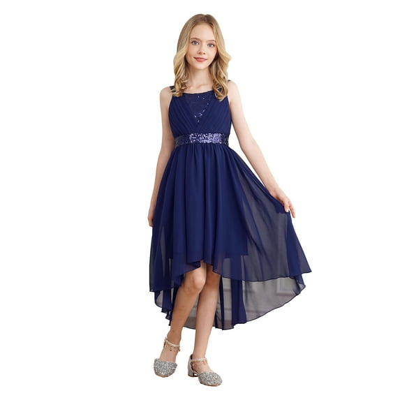 MSemis Girls Sequin High Low Flower Girls Dresses Sleeveless Bowknot Wedding Birthday Party Dress Navy Blue 14