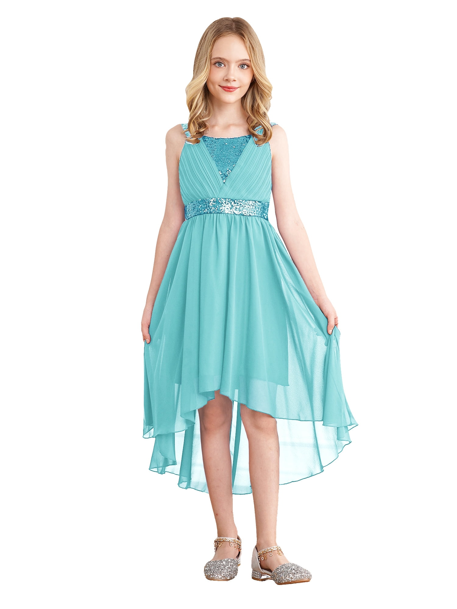 MSemis Girls Sequin High Low Flower Girls Dresses Sleeveless Bowknot Wedding Birthday Party Dress Turquoise 10