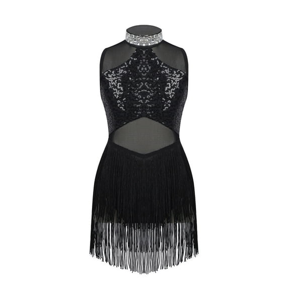 MSemis Girls Sequin Leotard Tassel Dress Ballroom Salsa Latin Dance Costume Black 6