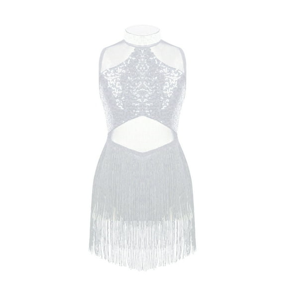 MSemis Girls Sequin Leotard Tassel Dress Ballroom Salsa Latin Dance Costume White 14