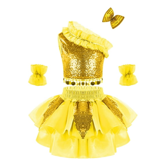 MSemis Girls Sequin Oblique Shoulder Tops and Veil Skirt with Bowknot Hair Clip and Cuffs Perform Set