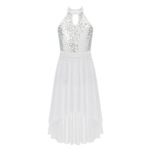 MSemis Girls Sequined Irregular Ballet Lyrical Dance Dress Ballerina Dancing Costumes White 12