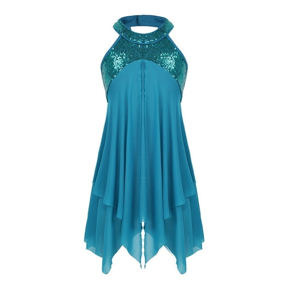 MSemis Girls Sequined Lyrical Dance Dress Contemporary Costumes Irregular Skirt Dancewear Turquoise 6