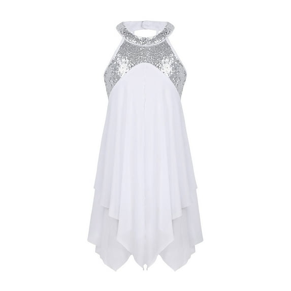 MSemis Girls Sequined Lyrical Dance Dress Contemporary Costumes Irregular Skirt Dancewear White 8