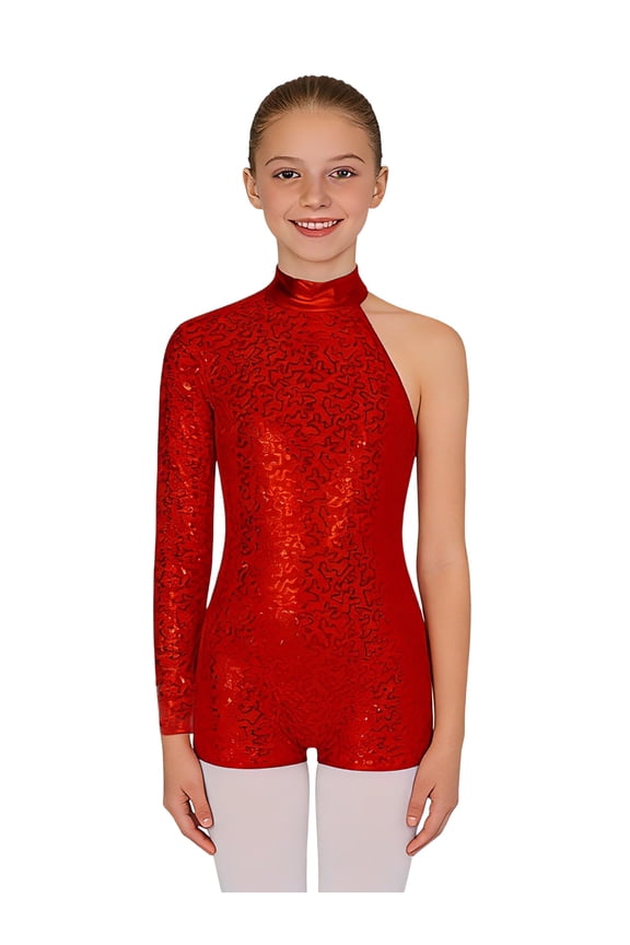Girls Sequins One Shoulder Mock Neck Hip Hop Latin Jazz Dance Bodysuit Jumpsuit Unitard Red 14