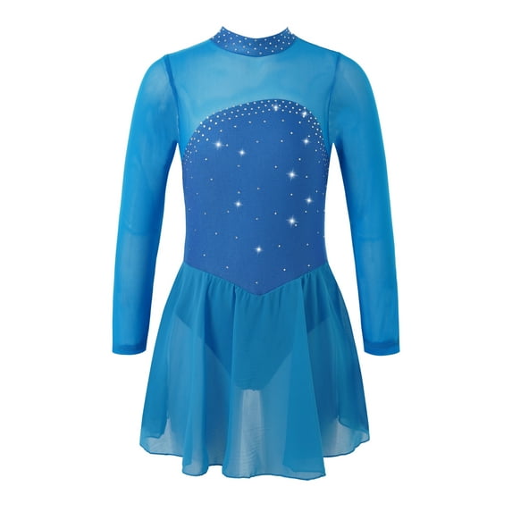 MSemis Girls Shiny Figure Ice Skating Dress Long Sleeve Tulle Mock Neck Ballet Sky Blue 4
