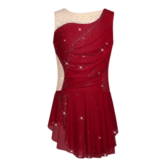 MSemis Girls Sleeveless Sparkle Rhinestone Figure Skating Dress Burgundy 12