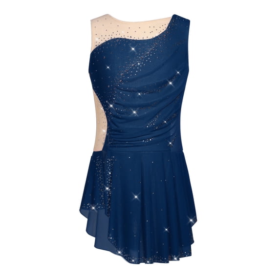 MSemis Girls Sleeveless Sparkle Rhinestone Figure Skating Dress Navy Blue 14