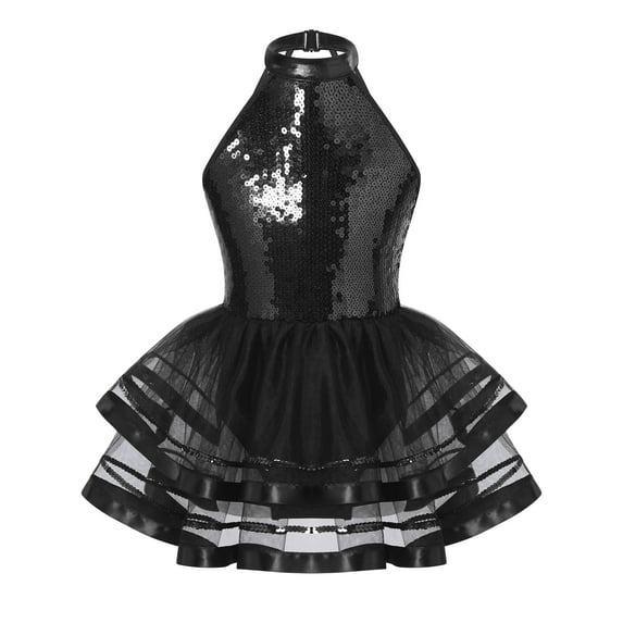 MSemis Girls Sparkle Sequins Halter Neck Tutu Dress Leotard Ballet Dance Dress Black 10