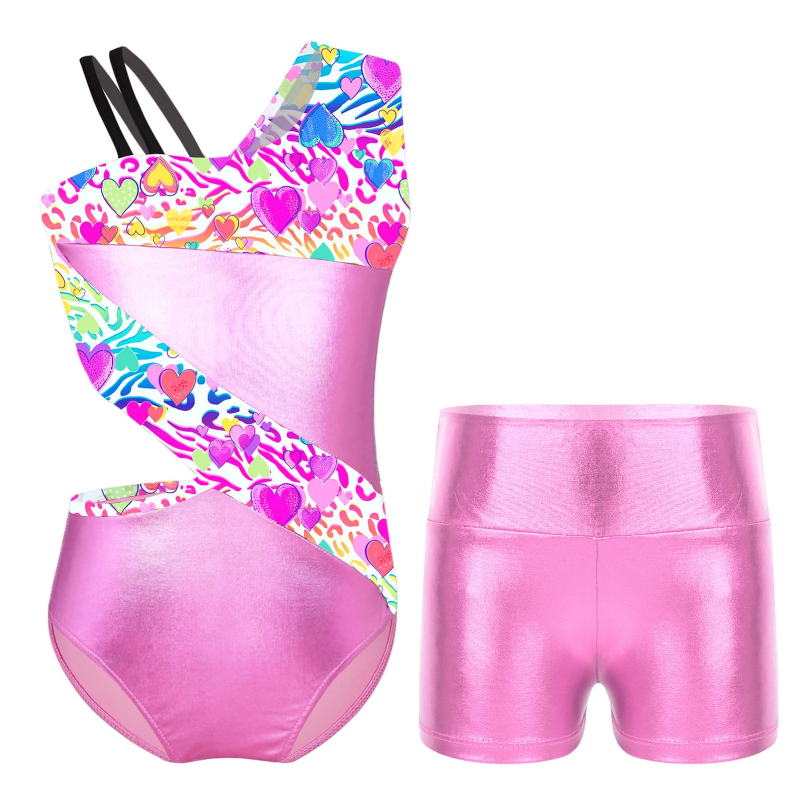 YONGHS Kids Girls Gymnastics Dance Athletic Outfits Leotard Shorts Set Colorful Heart 3-4