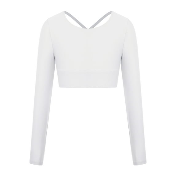 MSemis Kid Girl Long Sleeve Dance Crop Top Yoga Activewear Dancewear White 14