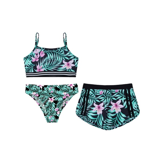 MSemis Kid Girls 3 Pieces Printed Holiday Swimsuit Swimwear Sleeveless Bathing Suits,Size 8-14 Lily 12