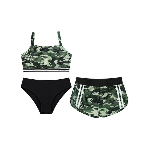 MSemis Kid Girls 3PCS Printed Tankini Set Swimsuit Swimwear Sleeveless Bathing Suits,Size 8-14 Camouflage Green&Black 10