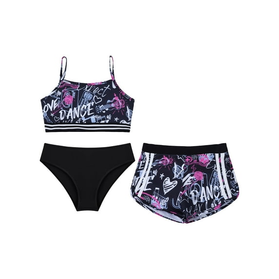 MSemis Kid Girls 3PCS Printed Tankini Set Swimsuit Swimwear Sleeveless Bathing Suits,Size 8-14 Letters&Black 8