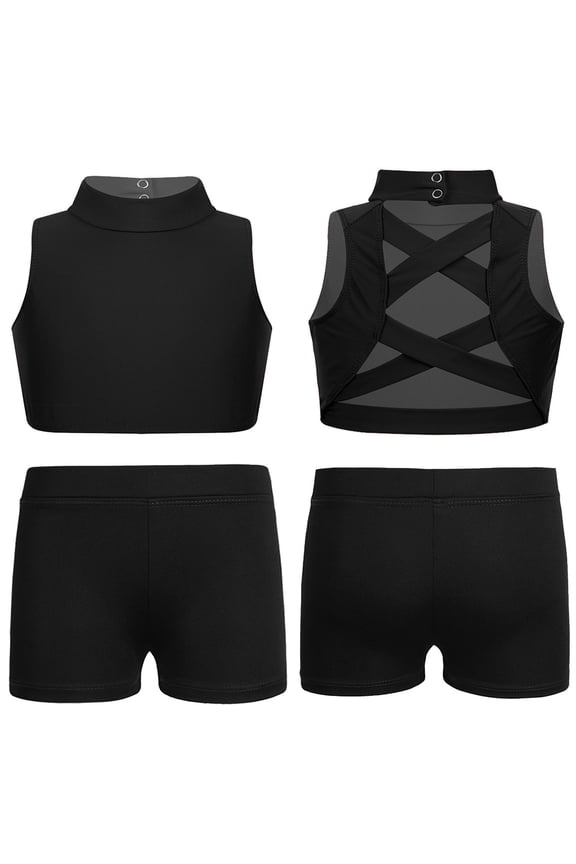 Kids 2 Pieces Dance Athletic Mock Neck Bra Crop Top with Boy-cut Shorts Set