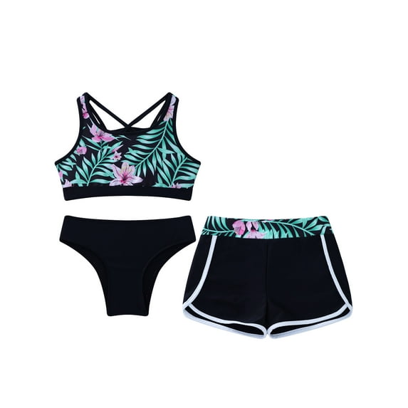 MSemis Kids Big Girls 3 PCS Swimwear Tankini Set Bathing Suit Swimsuit with Shorts Sizes 4-16 Black 4