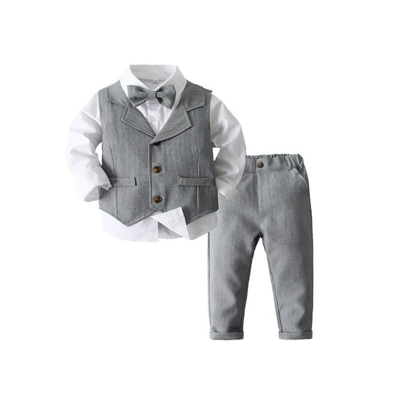 MSemis Kids Boys Baby Gentleman Outfits Tuxedo Suit Vest Formal Shirt with Pants Bowtie Grey 4-5