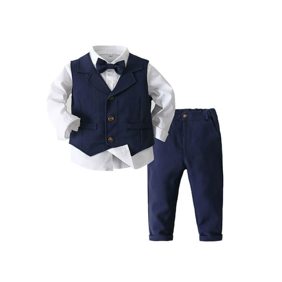 MSemis Kids Boys Baby Gentleman Outfits Tuxedo Suit Vest Formal Shirt with Pants Bowtie Navy Blue 3-4