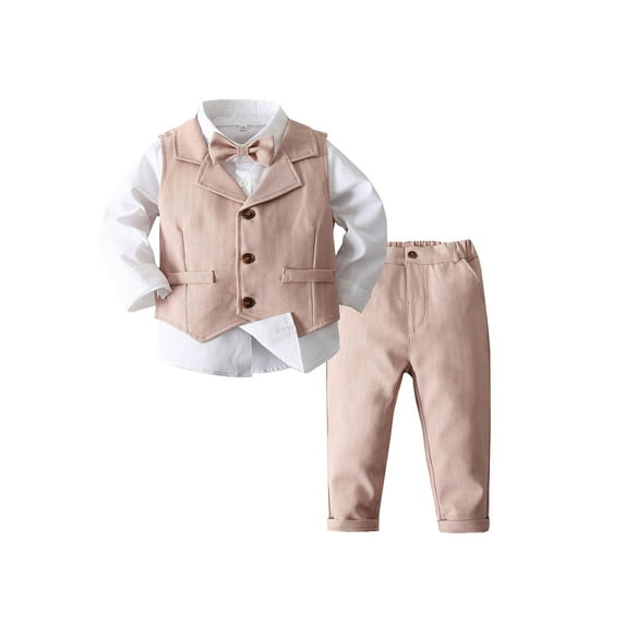 MSemis Kids Boys Baby Gentleman Outfits Tuxedo Suit Vest Formal Shirt with Pants Bowtie Pink 3-4