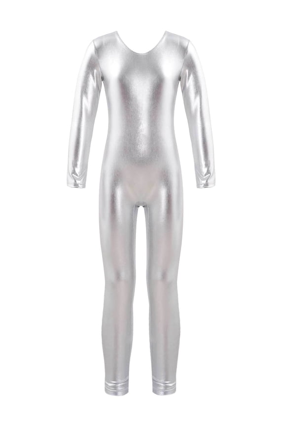 Kids Boys Girls Full Length Bodysuit Unitards Spandex Zentai Costumes Gymnastics Leotard Silver 6