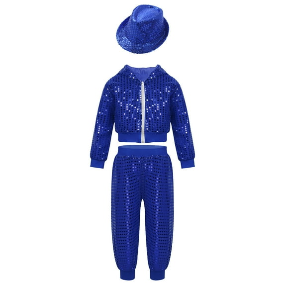 MSemis Kids Boys Girls Hip Hop Jazz Outfits Dancing Costume Sequins Hooded Tops Pants Fedora Hat Set Blue 4-5