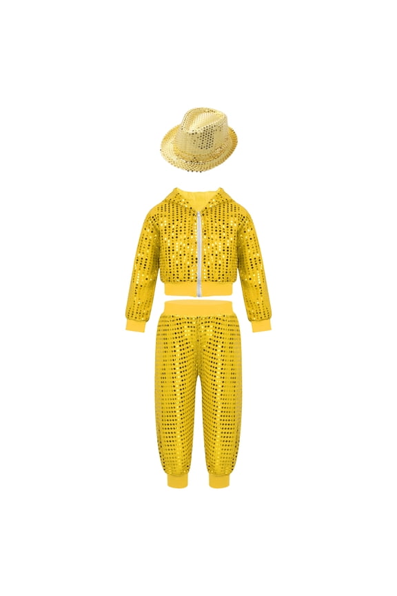 Kids Boys Girls Hip Hop Jazz Outfits Dancing Costume Sequins Hooded Tops Pants Fedora Hat Set Yellow 13-14