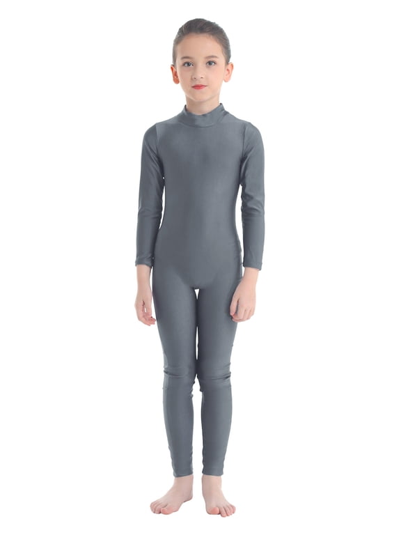 Kids Boys Girls Turtleneck Long Sleeve Unitard Jumpsuit Gymnastic Leotard Dark Gray 13-14