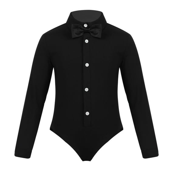 MSemis Kids Boys Long Sleeves Tuxedo Bodysuit Latin Modern Dance Shirt with Bowtie Set