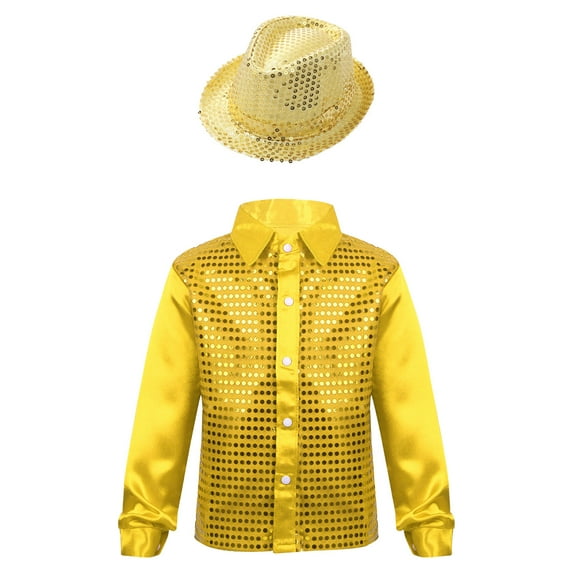 MSemis Kids Boys Shiny Sequin Hip-Hop Jazz Choir Shirt and Hat Dance Outfits Gold 11-12