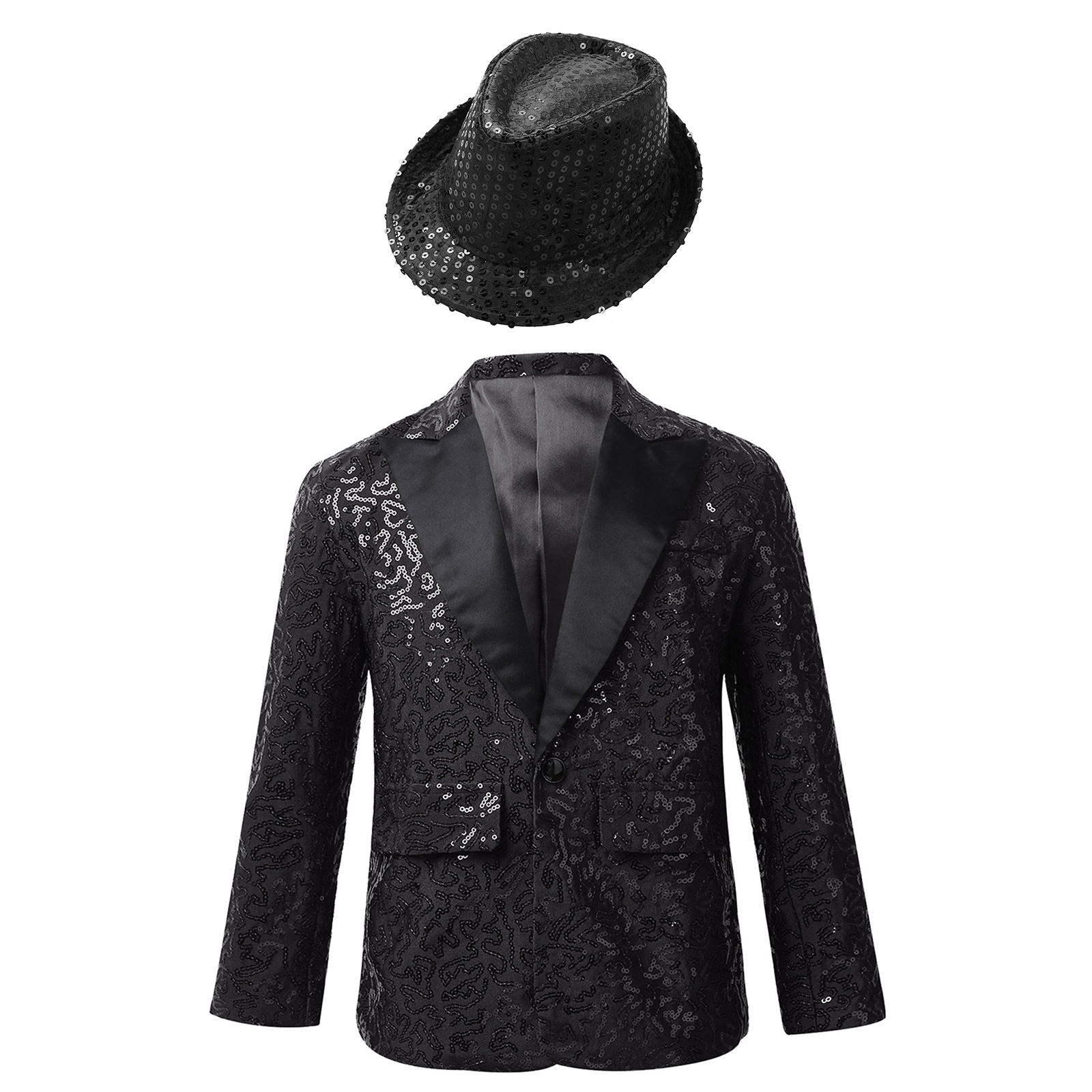 MSemis Kids Boys Shiny Sequin Suit Jacket Party Blazer Dance Tuxedo Costume with Hat,Size 6-16 Black 10 - image 1 of 6
