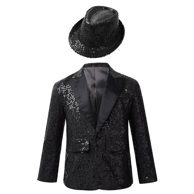 MSemis Kids Boys Shiny Sequin Suit Jacket Party Blazer Dance Tuxedo Costume with Hat,Size 6-16 Black 10