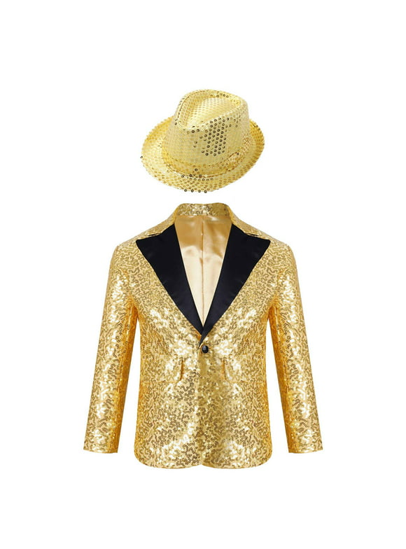 MSemis Kids Boys Shiny Sequin Suit Jacket Party Blazer Dance Tuxedo Costume with Hat,Size 6-16 Gold 12